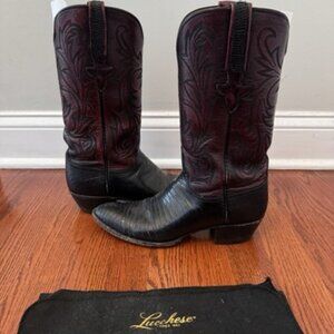 Lucchese Black Cherry Red Lizard Leather Handmade Western Boots Vintage 8.5